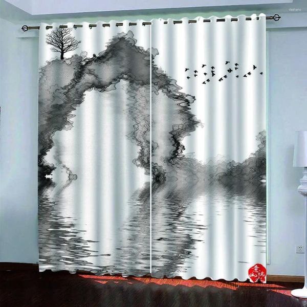 Curtain Gris Ink Painting 3d Design Luxury Girl Window Blackout Rideaux pour le salon chambre à coucher décor 2 pièces