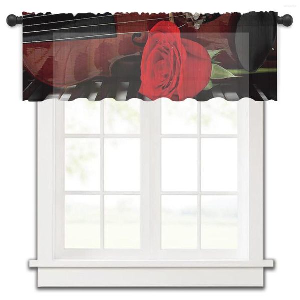 Cortina guitarra en Piano rosa roja flor cocina pequeño tul transparente corto dormitorio sala de estar decoración del hogar cortinas de gasa