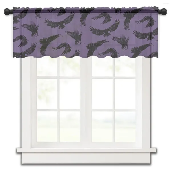 Rideau Halloween coton Texture corbeau violet court transparent fenêtre Tulle rideaux pour cuisine chambre décor à la maison petits rideaux de Voile