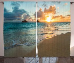 Gordijn Hawaiiaanse gordijnen schilderachtige zonsopgang over oceaanrotsen zandwolken zonneschijn tij zonnebalk kustkamer woonkamer slaapkamer raam gordijnen