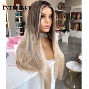 Rideau Highlight Ash Blonde Cheveux humains avec des cheveux de bébé Silky Straight Ombre Platinum 13x6 Transparent Lace Front Wigs