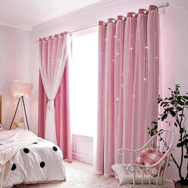 Cortina hueca con estrella ostentosa, cortinas opacas para sala de estar, dormitorio, encaje, niños, doble cubierta, ojal antiguo, decoración superior del hogar