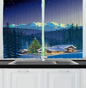 Rideaux De Cuisine Bleu Glace Paysage D'hiver De Noël De Petites Maisons Chaudes Et Grand Arbre De Noel Avec Des Rideaux De Fenêtre De Montagnes