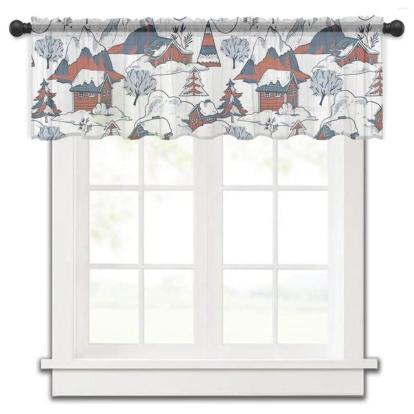 Rideau Illustration en bois maison neige cuisine petit Tulle transparent court chambre salon décor à la maison Voile rideaux