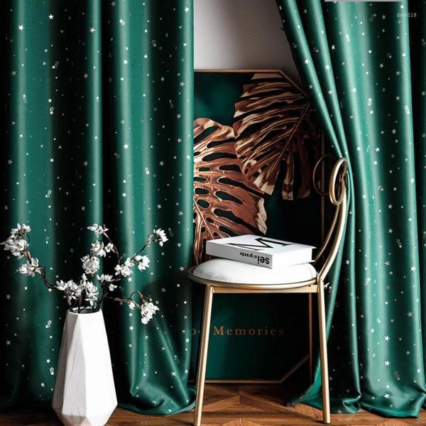 Cortina verde tinta con estrellas brillantes plateadas, cortinas para niños, niños, niñas, dormitorio, estrella romántica púrpura, cortinas de aislamiento térmico para sala de estar