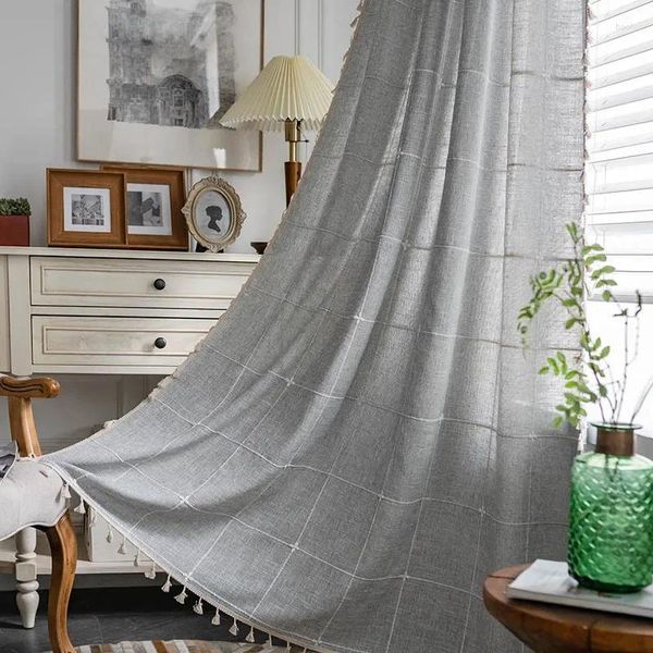 Cortina de algodón japonés a cuadros, ventana gruesa con borlas, cenefa opaca para cortinas de sala de estar de lujo