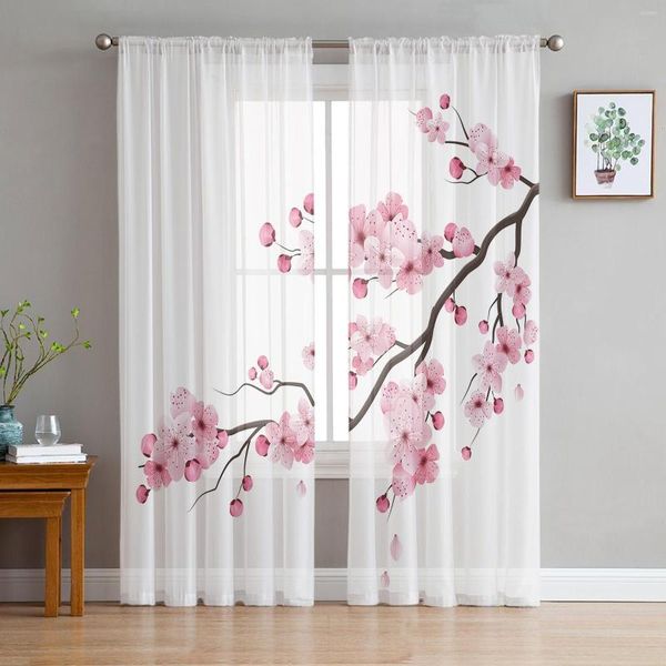 Rideau japonais rose fleur fleur de cerisier blanc voilages pour salon Tulle fenêtres Voile fil court chambre