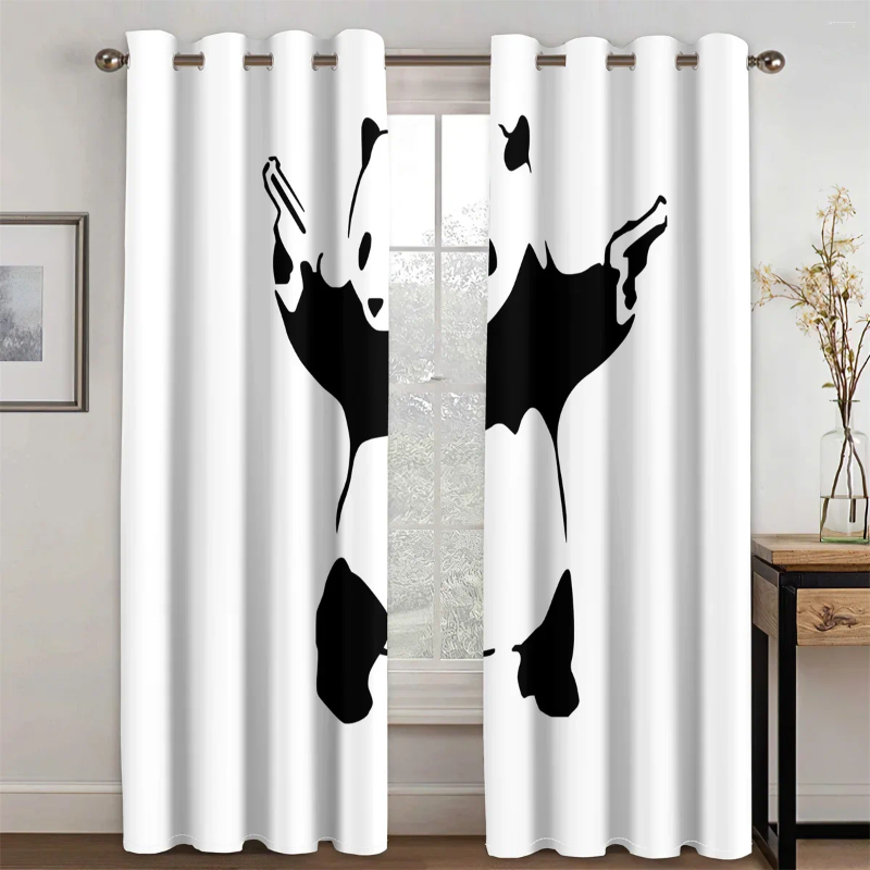 Curtain Kids Funny Panda Gun Cartoon Two Drape 2 Pieces Thin Curtains For Children's Living Room Bedroom Window Decor