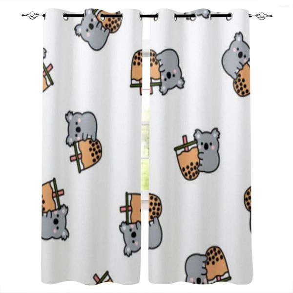 Cortina Koala con estampado de dibujos animados de té de la leche para sala de estar, dormitorio de lujo, decoración para el hogar, cortinas para ventana y balcón