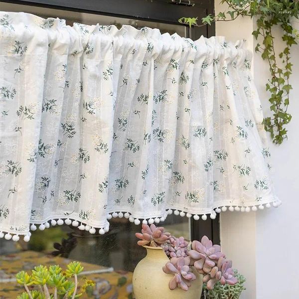 Cortina de algodón coreano con forma de margaritas, cortina de bolsillo con borlas florales para cocina, dormitorio, sala de estar, ventana, armario