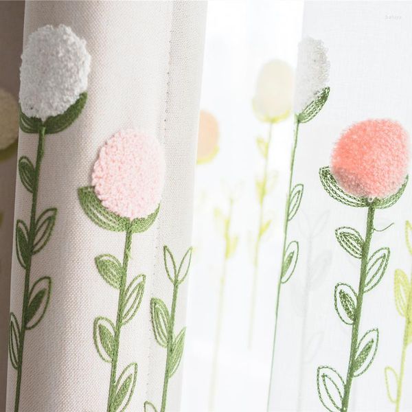 Cortina Pastoral coreana para sala de estar, dormitorio de niña, flores bordadas personalizadas, tul bonito, lino de algodón transparente