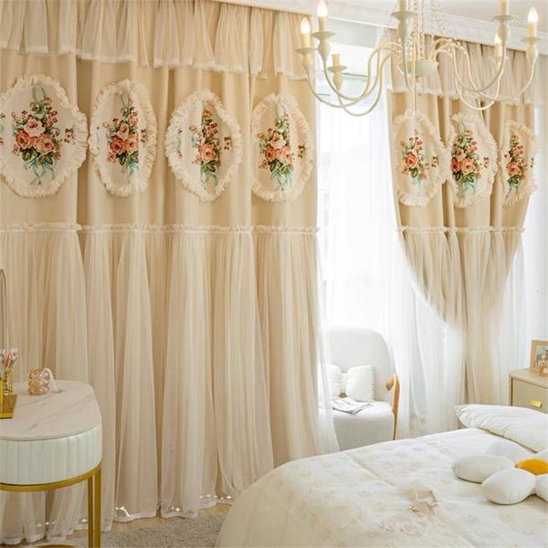 Rideau Princesse Coréenne Avec Cantonnière En Dentelle Style Pastoral De Luxe Américain Demi Occultant Pour Salon Chambre