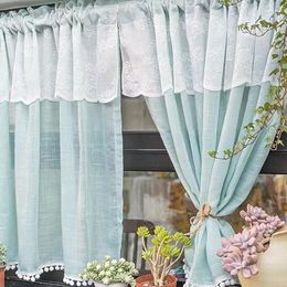 Gordijn Koreaanse stijl Fresh Blue Sheer Lace Short Curtains Valance Laag voor keuken Cafe Farmhouse Pom Balkon Window Drapes