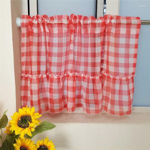 Gordijn Koreaanse stijl Red Plaid Short Tule voor woonkamer slaapkamer pure voile koffie half keukenkasten