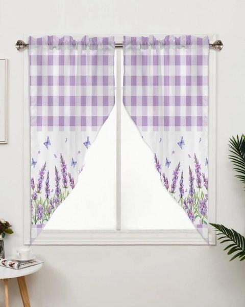 Rideau à carreaux violet, fleur de lavande, papillon, pour fenêtre de chambre à coucher, salon, stores triangulaires