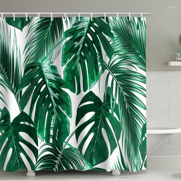 Patrón de hoja de cortina para baño, cortinas de ducha de tela de poliéster con estampado de plantas verdes, cortinas modernas impermeables, decoración para habitación de baño