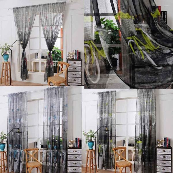 Cortina Cortinas de luz 63 pulgadas de longitud Tono tierra Ducha Bicicleta Estampado Tul Puerta Ventana Cortina Panel Pañuelo transparente