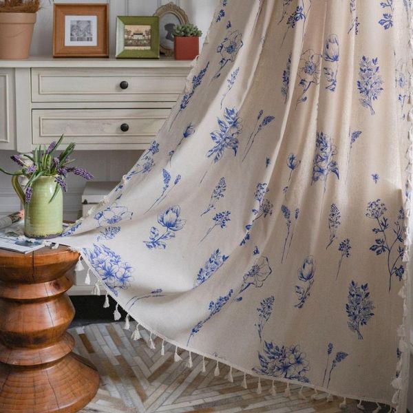 Cortinas de lino con estampado Floral azul de granja, estampado de hojas botánicas, habitación rústica, dormitorio, varilla Vintage con estampado semitransparente