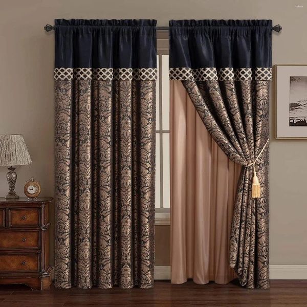 Rideau Lisbonne 4 pièces Jacquard Floral ensemble de fenêtre support transparent glands cantonnière noir/or