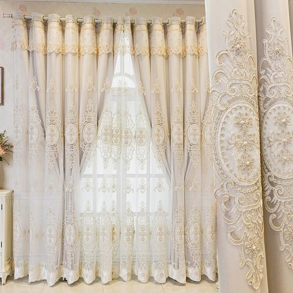 Rideau de luxe en relief fleur brodée double couche rideaux occultants 3D floral perle pure tulle salon chambre rideaux personnalisés