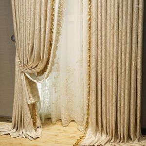 Curtain Luxury European Jacquard Lace Stitching Blackout Curtains For Living Room Elegant Tassel Geometric Striped Balcony Window Drapes