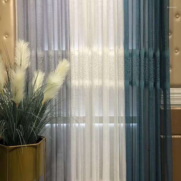 Rideau De Luxe Géométrique Creux Tulle Blanc/Bleu/Gris ART Abstrait Fenêtre Rideaux Pour Chambre