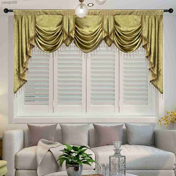 Cortina de lujo Gold Waterfall Swag Floral Cenefa para sala de estar Electric Tallado Jacquard Relieve Ventanas Cortinas Decoración Drape HKD230821