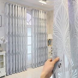 Rideau de luxe gris Floral rideaux transparents pour salon Jacquard creux géométrique feuille Voile Villa Patio français fenêtre rideaux Tenda 231018