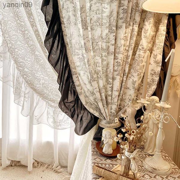 Cortina Lujo Sala de estar Cortinas Noble Elegante Ventana rococó Voile Cortina Lolita Dormitorio Cortinas Romántico Algodón Lino Puerta Cortina HKD230821