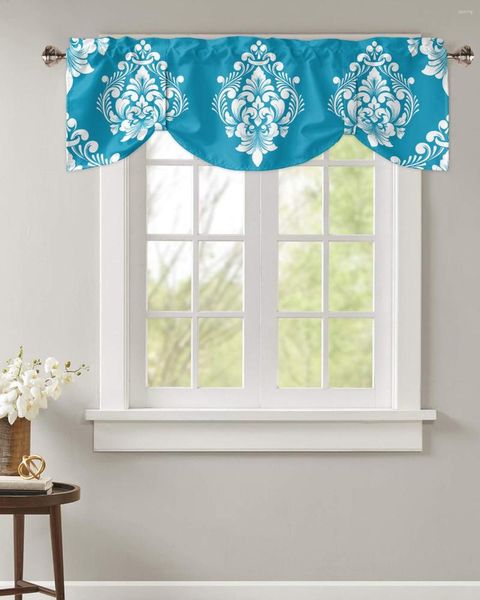 Cortina de lujo Vintage Damasco patrón cielo azul ventana corta ajustable Tie Up cenefa para sala de estar cortinas de cocina