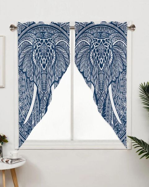 Rideau Mandala éléphant bleu bohème, traitements de fenêtre, rideaux pour salon chambre à coucher, décoration de maison triangulaire