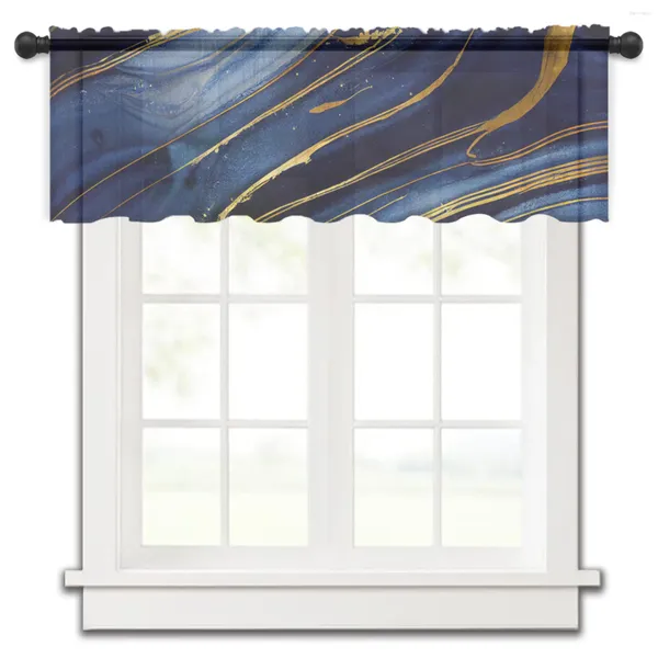 Cortina de mármol con borde amarillo, textura azul, cenefa de ventana pequeña, cortinas de gasa cortas transparentes para decoración del hogar para dormitorio