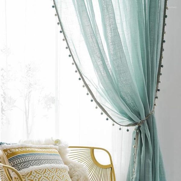 Cortina con cuentas de color verde menta, cortinas de tul de lino y algodón con encaje para sala de estar, pantalla de ventana blanca americana, cortinas elegantes de gasa para dormitorio