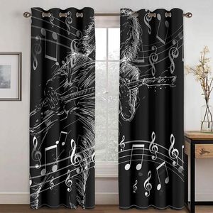 Rideau Moderne Noir Guitare Notes Instrument Piano Mince Fenêtre Rideaux Pour Salon Chambre Décor Drapé 2 Pièces