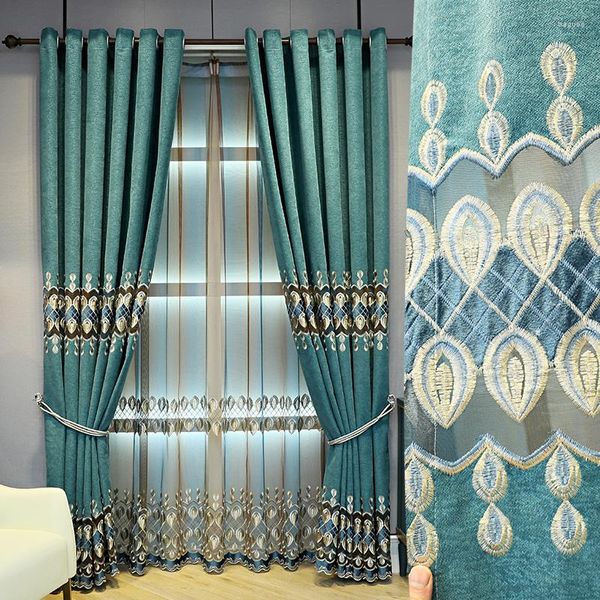 Cortina moderna europea americana, cortinas para sala de estar, dormitorio, comedor, lujo, pavo real azul, chenilla hueca, bordado, producto personalizado
