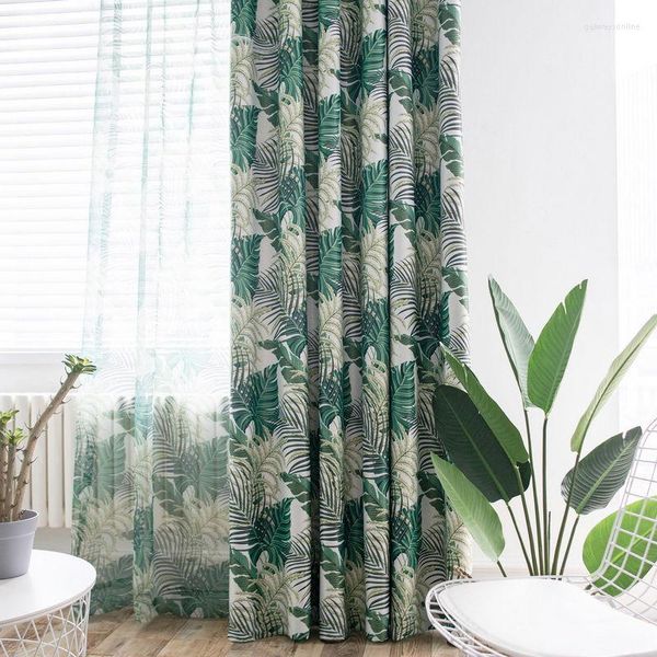 Cortina con patrón moderno, cortinas con estampado Tropical, hojas verdes para sala de estar, cortina de tul para ventana, tasa de apagón del 85%