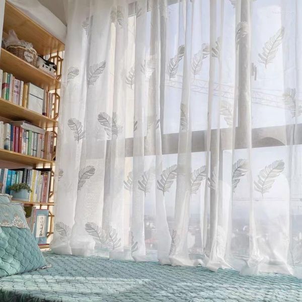 Cortina moderna de tul de plumas blancas, cortinas para sala de estar, dormitorio, cocina transparente, decoración del hogar, paneles de puerta, acabado personalizado