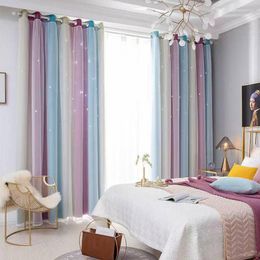 Rideau Morandi dégradé creux étoiles rideaux princesse Style occultant Double couche dentelle tissu pour balcon salon chambre