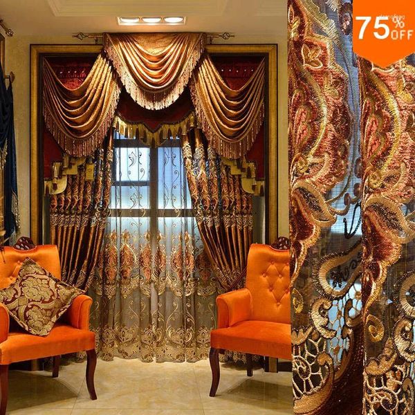 Rideau le plus de luxe Café Royal Velvet broderie Brown Living Room Drapes pour les rideaux de porte Dubaï Drapery Valance Design!