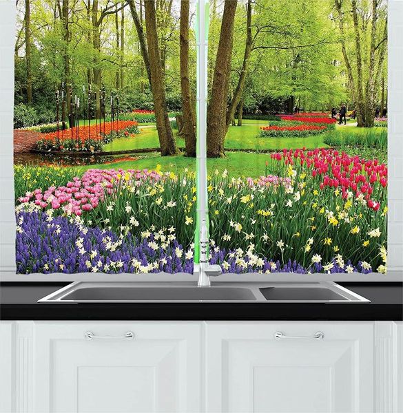 Rideau multicolore Nature cuisine rideaux énormes fleurs de jardin herbe arbres Roses tulipes petits étangs feuilles œuvre pour café