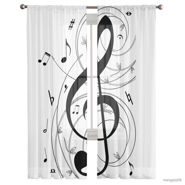 Cortina Música Símbolo Arte en blanco y negro Cortinas de tul para sala de estar Cortinas de tul transparentes Drapes de ventana Cortina transparente R230815