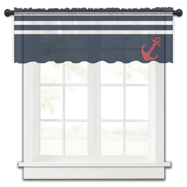 Cortina azul marino raya ancla Simple cocina pequeña tul transparente corto dormitorio sala de estar decoración del hogar cortinas de gasa