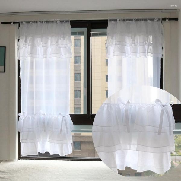 Cortina bonito con volantes y lazo de cinta, cortinas de ventana con diseño de gasa transparente para dormitorio, decoración del hogar, 2 uds.