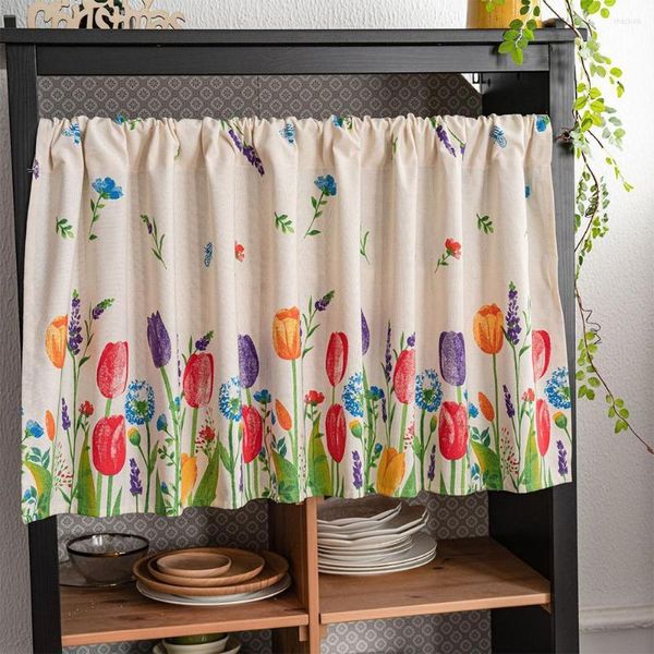 Cortina de estilo nórdico con estampado de tulipanes, cortinas cortas, 3 tamaños, armario de vino de lino y algodón a prueba de polvo y agradable para la piel