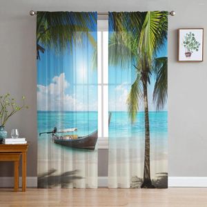 Gordijn Ocean Beach Coconut Tree Boat Landscape Sheer Curtains for Living Room Decoratie Window Kitchen TuLle Voile