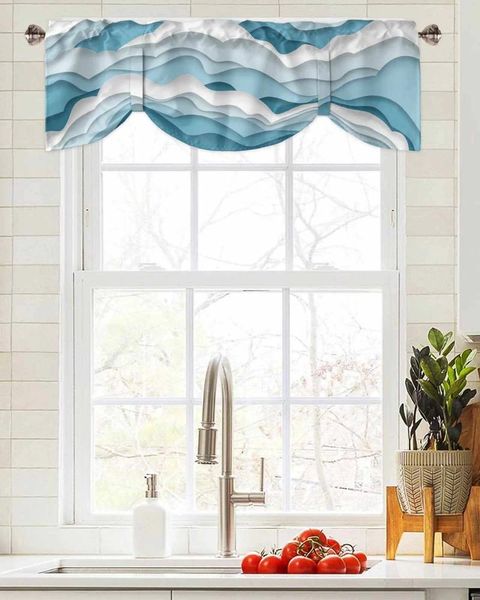 Cortina con ondas del océano, espray degradado en azul, ventana corta, cenefa de amarre ajustable para sala de estar, cortinas de cocina