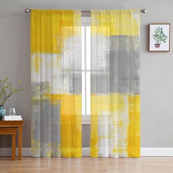 Rideau peinture à l'huile abstrait géométrique jaune, moderne, pour salon, fenêtre en Tulle, accessoires de décoration de chambre à coucher