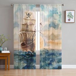 Cortina pintura al óleo estilo barco pirata cortinas transparentes para sala de estar dormitorio cocina tul ventanas hilo de gasa