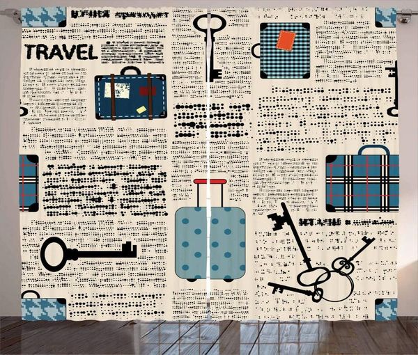 Cortina viejas cortinas de spaper para sala de estar retro vacaciones de viaje de viaje maletas vintage llaves de texto de texto