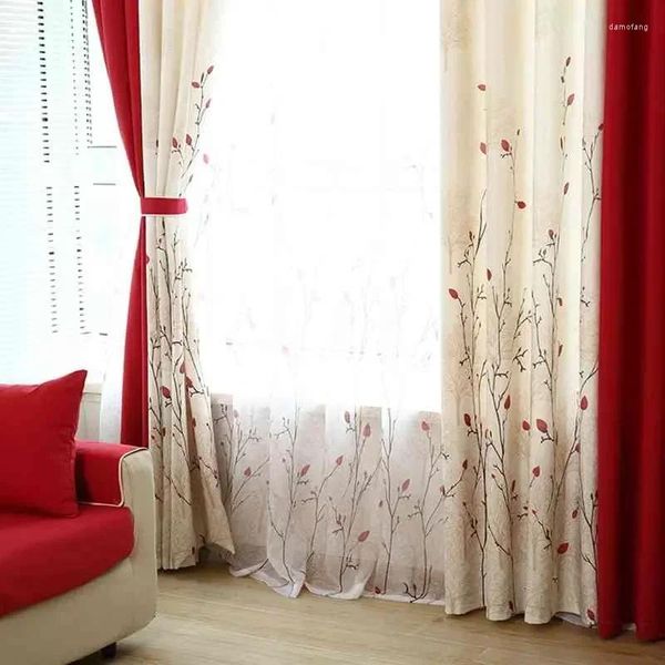 Cortinas pastorales para sala de estar, cortinas de dormitorio, ventana semiligera roja personalizada